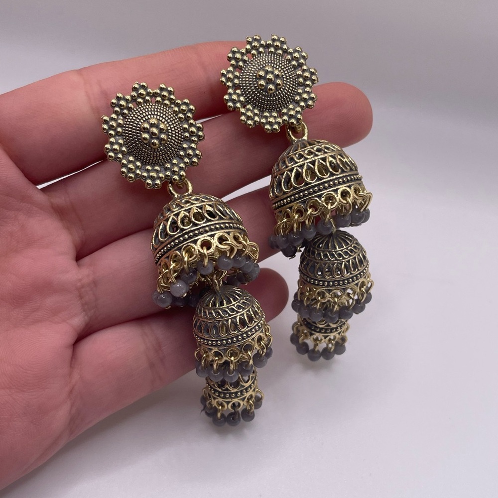 Grey and gold tiered Indian earrings